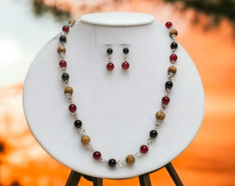 25 inch Necklace with Black Glass Pearls, Red Crackle Glass and Wooden Beads / Multi Seasonal Necklace