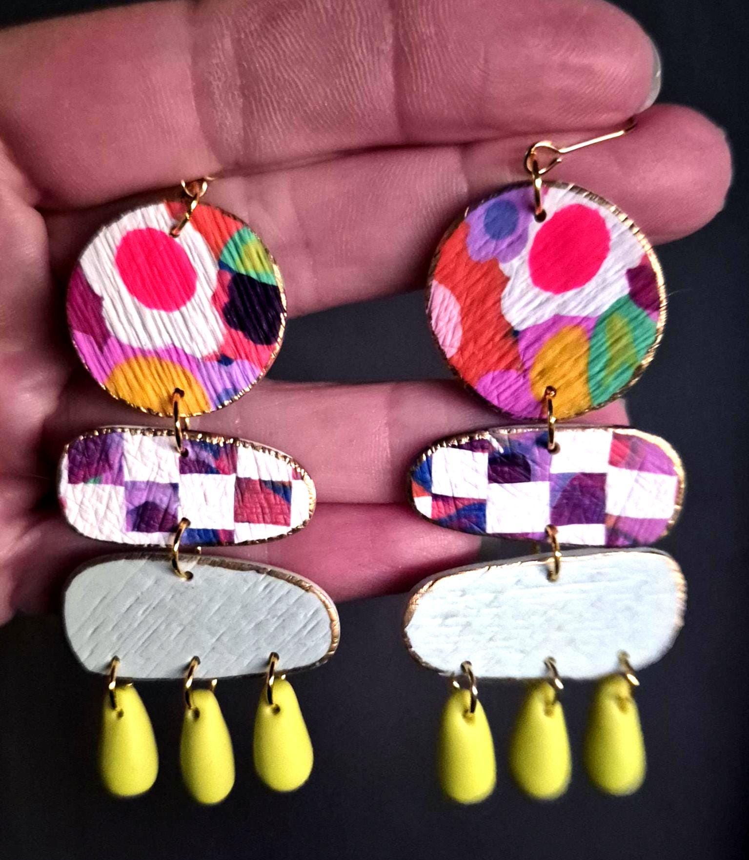 The boho petal pair:  light weight colourful hand made retro polymer clay statement earrings
