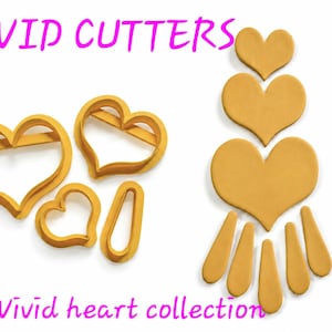 May include: A set of yellow plastic heart-shaped cutters and a teardrop-shaped cutter, alongside corresponding yellow heart and teardrop cutouts. The text VIVID CUTTERS and The Vivid heart collection is printed in pink on the white background.