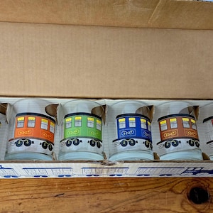 1960s Cera Glass Train Tumblers | Mid-Century Barware in Original Box | Rare Americana Collectible