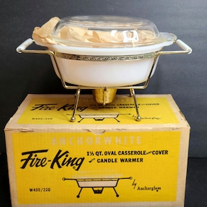 Vintage Fire King Casserole Dish: Anchor Glass Oval Warmer, Original Box