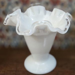 Vintage Fenton Silver Crest Milk Glass Vase – Double Crimped Pedestal (1970s)