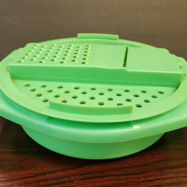 Vintage Tupperware 2-piece Green Grater, Slicer, Strainer Bowl