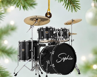 名前入りドラムオーナメント、カスタムドラマークリスマスオーナメント、音楽好きへのギフト、ドラムセットツリーデコレーション、音楽バンドの記念品
