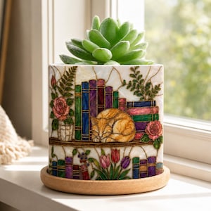 May include: A cylindrical ceramic planter featuring a stained-glass style illustration of a sleeping orange cat, colorful books, and pink roses. A green succulent plant sits inside the planter, which rests on a circular light wood base.