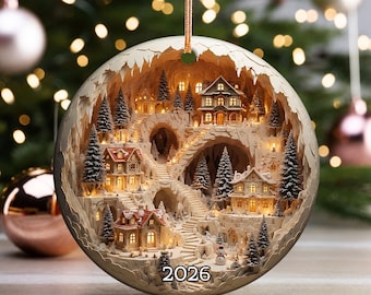 Kerstornament 2026 Gepersonaliseerde keramisch ornament, winteraandenken, leuk sneeuwlandschap vakantieboomversiering, kerstcadeau voor familie