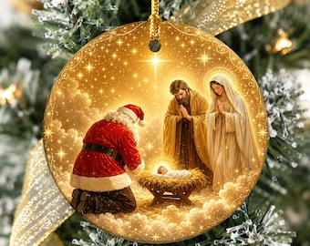 Religious Christmas Ornament 2026 with Santa and Nativity Scene, Baby Jesus Holy Family Christmas Tree Decoration, Christian Gift