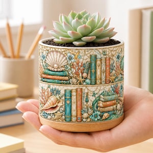 May include: A cylindrical ceramic planter featuring a detailed wrap-around illustration of stacked books, seashells, coral, and starfish in muted tones of teal, coral, and cream, containing a light green succulent plant with a wooden base.