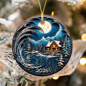 Peut inclure: Une décoration de Noël ronde à effet superposé représentant une scène hivernale avec un chalet, des sapins et des montagnes sous un ciel lunaire. Le motif présente des volutes bleues et l'année 2026 inscrite en blanc, suspendue par un cordon doré.