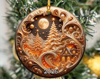 Elegant Christmas Tree Ornament 2026, Gold Holiday Ceramic Ornament, Christmas Decoration, Winter Home Decor, Christmas Gift Idea