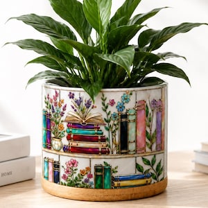 Bookshelf Stained-Glass Style Floral Plant Pot, Reading Coffee Cup, Christmas Book Lover Gift, Bookish Gifts For Reader, Plant Decor