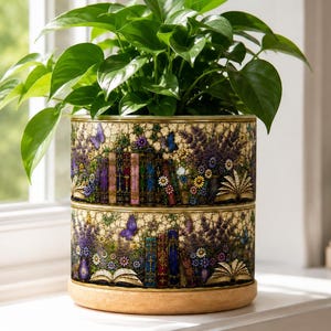 Peut inclure: Un pot de fleurs cylindrique en céramique orné d'un motif imprimé représentant des dos de livres colorés, des livres ouverts, des brins de lavande violette et des petits papillons. Une plante verte feuillue pousse dans le pot.