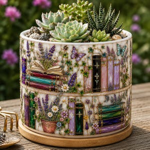 May include: A cylindrical ceramic planter featuring a detailed wrap-around illustration of stacked books, lavender sprigs, daisies, and butterflies. The design includes a variety of colourful book spines and floral motifs. It sits on a round wooden base.