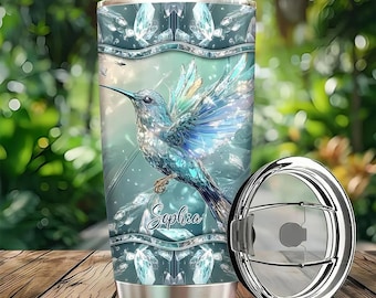 Colorful Hummingbird Glass Art Personalized Name Tumbler, Nature Inspired Drinkware, Garden Lover Gift, Birthday Gift For Friends