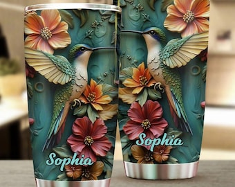 Personalized Colorful Hummingbird Tumbler, 20oz Stainless Steel Tumbler, Custom Tumbler With Name, Garden Lover Gift, Gift For Her