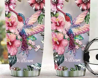 Pink Flower Hummingbird Tumbler, Gift For Mom, Grandma, Custom Name Tumbler Gift For Her, Custom Hummingbird Cup, Garden Lover Gift