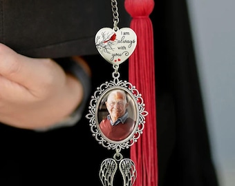 Charm de borla personalizado "Siempre estoy contigo", charm de borla de graduación personalizado con foto, regalo conmemorativo, charm de alas, regalo conmemorativo de graduación 2026