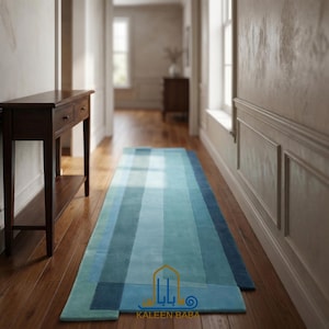 Teal Hand Tufted Wool Runner Rug, Aqua Modern Abstract Rug for Hallway, Kitchen or Stairs, Custom Size, Spa Like Calm