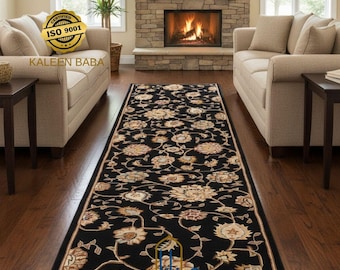 Hand-Tufted Wool Runner Rug | Black Floral Hallway Carpet | Classic Traditional Long Rug