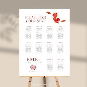 Baby&#39;s First 100 Days Celebration Party Seating Chart, Year of the Dragon, Red Egg & Ginger Party, Editable