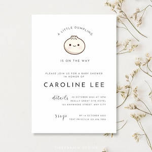 Knoedel thema babyshower uitnodigingssjabloon, kleine knoedel is onderweg, bao baby knoedel, dim sum baby, modern ontwerp bewerkbaar