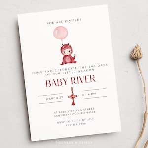 Baby Dragon 100 Tage Feier, Rotes Ei und Ginger Party Laden Vorlage ein, Aquarell, Modern Minimalist, Jahr des Drachen, Bearbeitbar