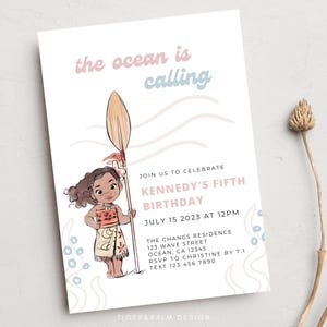 Moana verjaardagsuitnodiging sjabloon, Ocean is Calling, Hawaiiaanse meisjes verjaardag, modern, Luau, aangepast, afdrukbare kaart, digitale download
