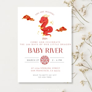 Year of the Dragon 100 Days Celebration Party, Red Egg and Ginger Invite Template, Editable