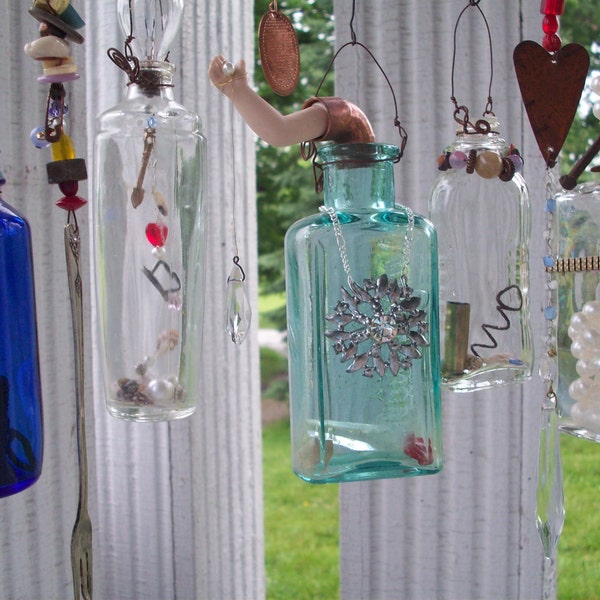 Bottle Chime/Vintage Bottles Embellished with Found Objects, buttons beads, etc.4th OOAK