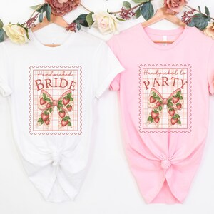 Bride Shirt Matching Bachelorette Party Shirt, Vintage Strawberry Hen Party Shirt, Pink Coquette Bow Strawberries Group Bach Club T-Shirt
