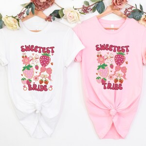 Bride Shirt Matching Bachelorette Party Shirt, Retro Boho Strawberry Hen Party Shirt, Pink Coquette Bow Strawberries Group Bach Club T-Shirt