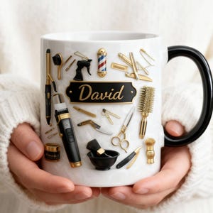 Personlig barberarmugg, barbershopkaffekopp med eget namn, barberpresent till honom, frisörfödelsedagspresent, groomingälskaremugg