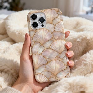 Pearl Shell iPhone Case, Luxury Mother of Pearl Phone Case, Gold Line Art Aesthetic Cover, Elegant Neutral Marble Phone Case, Chic Feminine