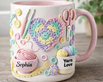 Mug au crochet personnalisé, cadeau amateur de crochet, tasse à café amateur de fil, cadeau tricot au crochet, mug prénom personnalisé au crochet, cadeau pour crocheteur