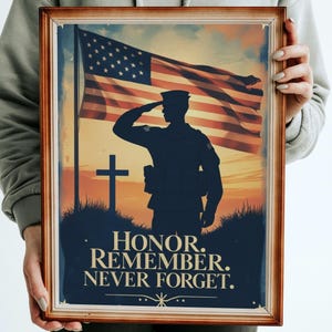 Honor, Remember, Never Forget: A Soldier&#39;s Silent Salute Under the American Flag - Memorial Day - Printable Wall Art - Digital Download