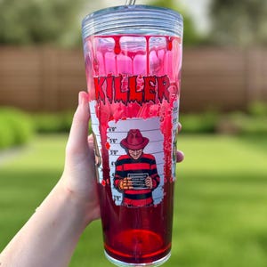 Horror Blood Drip Tumbler – Michael, Freddy, Jason, Pinhead Mugshot Cup – Spooky Halloween Gift – 24 oz Iced Coffee Cup | Water Cup | Matcha