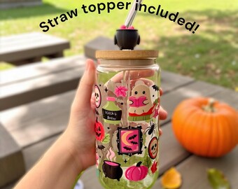 Cute Halloween Ghost Glass Cup with Lid and Straw – 16oz Iced Coffee Tumbler | Pink Spooky Bookish Cup | Witch’s Brew Fall Drinkware