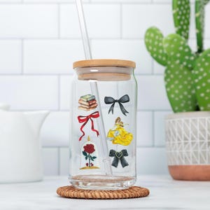 Beauty And The Beast inspired Glass Tumbler - 16 oz | Gifts | Matcha Cup | Ice Coffee Cup | Disney inspired Tumbler | Princess Cup