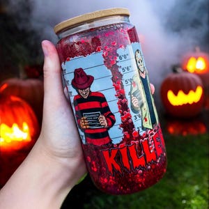 Horror Movie Inspired Red Snowglobe Glass Tumbler - 16 oz | Halloween Tumbler | Matcha Cup | Gift For Horror Lover | Thriller Movies Tumbler