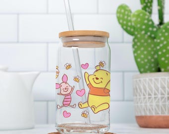Winnie The Pooh Inspired Glass Tumbler - 16 oz | Disney Inspired Gift | Piglet | Winnie the Pooh | Disney Inspired Tumbler | Matcha Cup