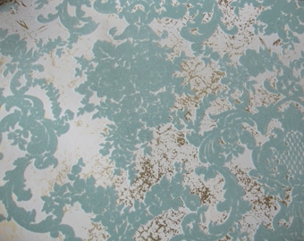 Vintage wallpaper, mid-century wallpaper, vintage ephemera, damask print, paper crafting supplies, pale blue and gold, wallpaper scraps