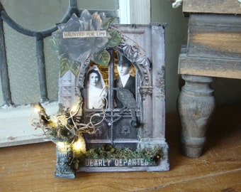 Halloween assemblage, mixed media art, Halloween decor, art, diorama, Victorian wedding couple, Victorian Halloween, Shadow box decor