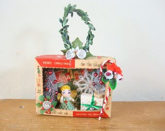 Vintage Christmas assemblage, Kitschy ornament box diorama, angel decor, Mid-century holiday