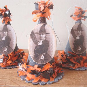 Halloween witch hat ornaments, Vintage style Halloween decor, paper mache hats