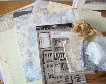 Junk journal supplies, Paper Crafting kit, vintage ephemera, vintage papers and embellishments, blue and white floral paper, scrapbooking