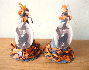 Halloween witch hat ornaments, Vintage style Halloween decor, paper mache hats