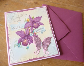 Vintage Birthday card, upcycled greeting card, Beautiful embossed card, butterfly card, purple floral card, handmade card, gifts under 10