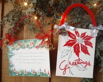 Vintage style Christmas card ornament, Christmas assemblage, upcycled ornaments