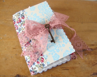 Junk Journal with Vintage ephemera embellishments, Vintage floral Scrapbook, Pink and Blue notebook