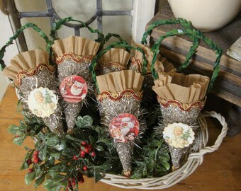 Christmas Tussie Mussie, Vintage style Christmas ornaments, Christmas candy containers, paper mache cones, Christmas gift wrap, hostess gift